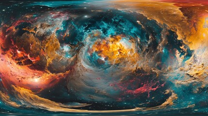 Aufkleber - Vivid 360° panoramic view of a nebula in space, showcasing swirling colors and cosmic dust.