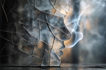 Leinwandbilder - Cracked Mirror Reflects a Smoking Face Illustrating Identity Destruction and the Fragility of Self-Image
