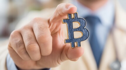 Poster - Man holding bitcoin symbolizing blockchain adoption and distributed ledger concepts in modern financial technology