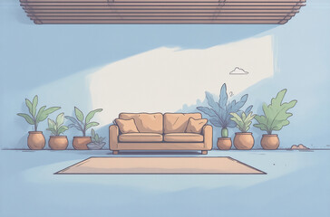 Poster - A serene room avatar features a tan couch centered on a light beige rug, flanked by potted plants against a pale blue wall. 