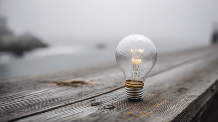 Poster - Light bulb resting on a wooden table symbolizing creativity and innovation in coastal technology and entrepreneurship
