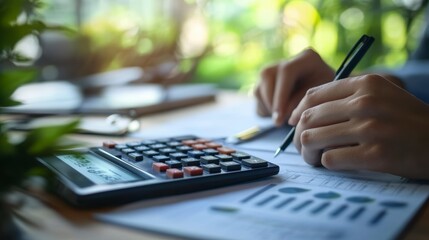 Poster - Close-up of hands calculating finances with calculator and pen on documents showing charts and graphs.