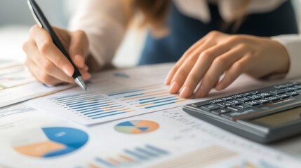 Aufkleber - Close-up of hands reviewing financial charts and graphs with calculator.