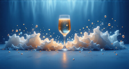 Poster - A celebratory champagne glass is centered, with bubbles and an ethereal, foamy substance exploding outwards. Hint