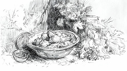 Wall Mural - garden harvest bowl of freshly picked vegetables, leaves, and a small bowl of sauce; outdoor setting