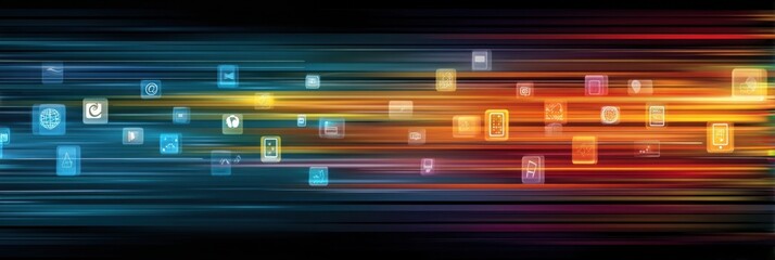 Fototapete - Digital Icons Race in a Vibrant Abstract Display of Speed and Movement