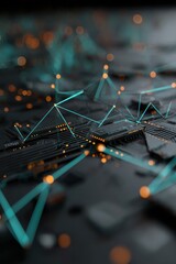 Fototapete - Abstract high angle view of dark electronic circuit board with glowing connection network