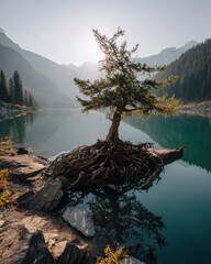 Poster - Serene alpine lake reflecting radiant sunlight upon a single tree with intricate roots and mountain backdrop