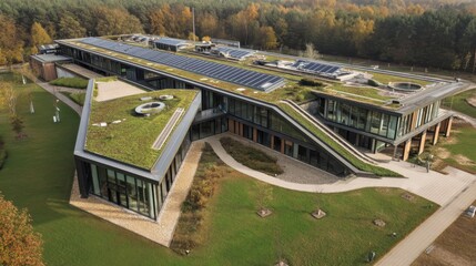 Poster - Architectural marvel featuring green roofs solar panels aerial view harmonious blend with nature lush setting sustainable design