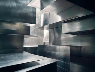 Poster - Steel Composition Abstract Metallic Blocks with Dynamic Light Effects Reflective Surfaces and Industrial Aesthetic