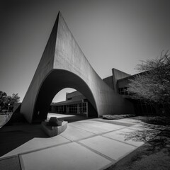 Poster - Dramatic Black and White Perspective of Modern Concrete Architecture with Sharp Angles and Bold Shadows