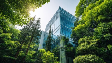 Poster - Modern architecture office building surrounded by lush green trees in a vibrant daylight setting