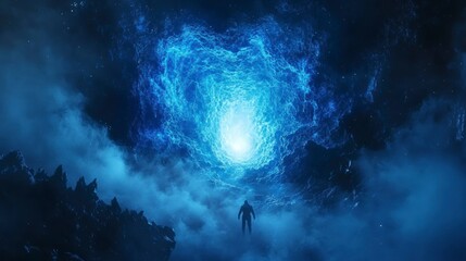 Poster - Silhouette of a man facing a bright blue swirling cosmic portal in a dark, cloudy sky.