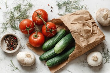 Aufkleber - Fresh Harvest Vegetables on White Background tomatoes cucumbers and garlic in rustic scene