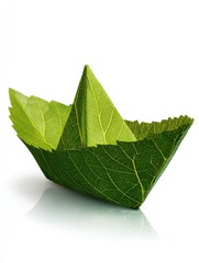 Aufkleber - Creative leaf paper boat in detailed macro shot on white background nature travel eco concept