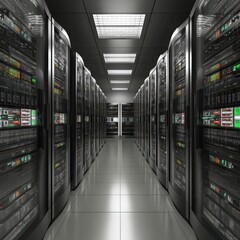 Aufkleber - Data center corridor with rows of servers featuring futuristic design smooth reflections technology power backup storage