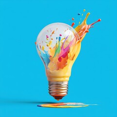 Poster - Colorful Idea Generation Light Bulb Splashed with Vibrant Paints on a Clean Cyan Background
