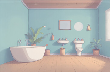 Poster - Serene teal bathroom illustration;  a tranquil avatar-like space featuring a freestanding tub, toilet, sink, and potted plants.  Soft lighting creates a calming atmosphere.