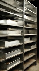 Poster - Metal shelves showcasing various containers in an industrial storage unit simple composition moody lighting