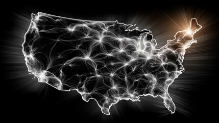 Poster - Creative representation of the united states with a light trail illustrating cloud computing infrastructure and connectivity