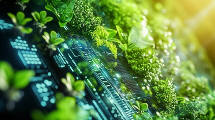 Poster - Lush green plants sprout from a futuristic technological interface, symbolizing sustainable technology and growth.