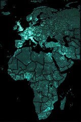 Aufkleber - Teal Pixelated World Map of Europe and Africa with Black Background Digital Illustration Style