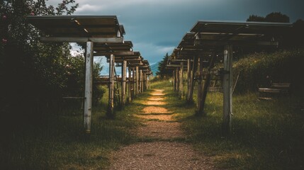 Aufkleber - Path amidst nature's embrace leading toward renewable energy with the glow of a cloudy afternoon