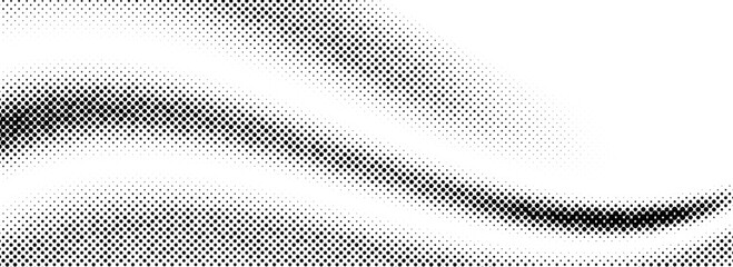 Poster - Black halftone wave background. Abstract grainy fluid texture. Dotted curved dot flow wallpaper. Gritty swoosh overlay element for poster, banner, brochure, flyer, leaflet, brochure. Vector backdrop
