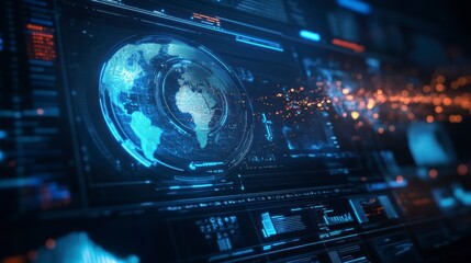 Leinwandbilder - Futuristic digital interface displaying a rotating 3D Earth model with data streams and graphs.