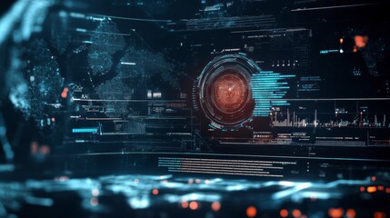 Aufkleber - Futuristic digital interface displaying global data and analytics with a central focus point.