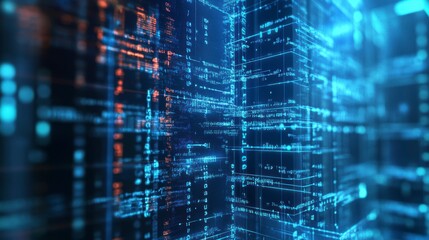Leinwandbilder - Abstract digital data stream, glowing blue and orange code forming a futuristic city.