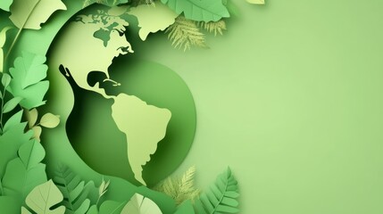 Poster - Paper art globe surrounded by green leaves on a green background.