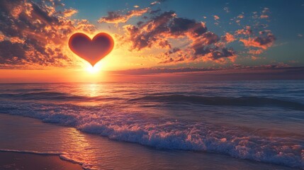Poster - Heart-shaped sun setting over ocean waves on a beach.