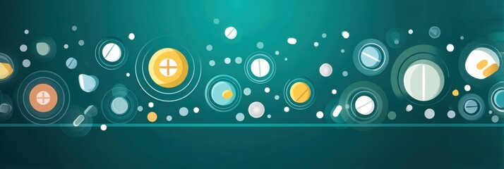 Poster - Bright Minimal Pills and Icons Swirling in a Circular Motion Represent Dynamic Health Concepts in a Modern Design Environment