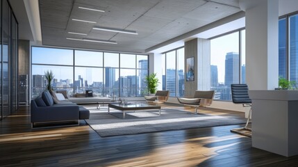 Poster - Modern office with city view, hardwood floors, comfortable seating, large windows, and contemporary design.