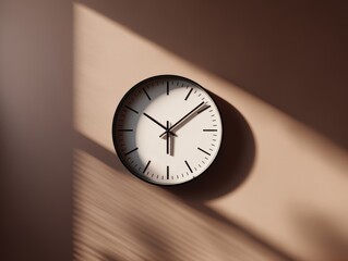 Poster - Modern wall clock casting shadow on beige wall creating a minimalistic and tranquil aesthetic in soft light