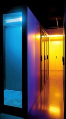 Poster - Data Center Server Room with Blue and Yellow Illumination Perspective Server Racks Information Technology