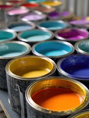 Poster - A Vivid Array of Color Paint Cans Close Up Showcasing a Rainbow of Paint in Metal Containers for Art