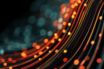 Poster - Energetic Orange Glow Flowing Digital Fiber Optic Strands Over Abstract Deep Sea Bokeh Background