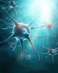Aufkleber - Microscopic neuron cells illustration on blue background with a soft glow and light particles neural network system