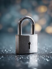 Poster - Silver padlock gleaming under soft light capturing a sense of protection and security on blurred background