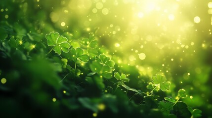 Poster - Magical sunlit clover field with bokeh effect.