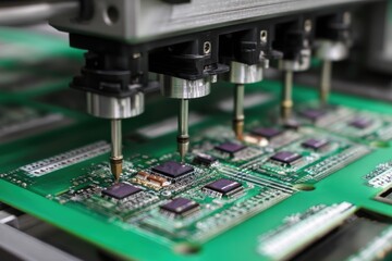 Poster - Automated Electronic Circuit Board Production Close Up Precision Robotics Assembly in Tech Industry