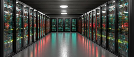 Poster - Data center interior with server racks providing information technology for cloud computing and network security