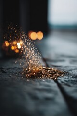 Poster - Abstract close up of falling gold glitter against dark surface with blurred light background