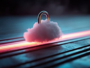 Poster - Secure Cloud Storage Concept a Padlock Merging with Soft Cloud on a Metal Surface Abstract