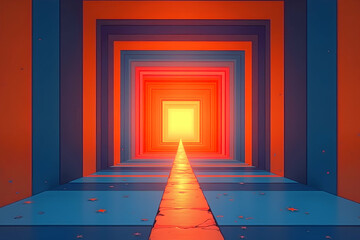 Poster - Abstract Op Art Illusion, Concentric Squares in Vibrant Orange and Blue Creating a Mesmerizing Perspective, A Modern and Dynamic Visual Experience.