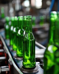 Poster - Green bottles on production line in a bottling plant with industrial setting and vibrant green hue production