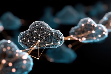 Fototapete - Digital cloud computing network with glowing connections and futuristic technology concept on black background