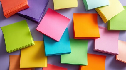 Poster - Vibrant Colorful Sticky Notes Arranged on a Purple Background Capturing a Cheerful Mood and Flat Lay Style for Office or Home Use